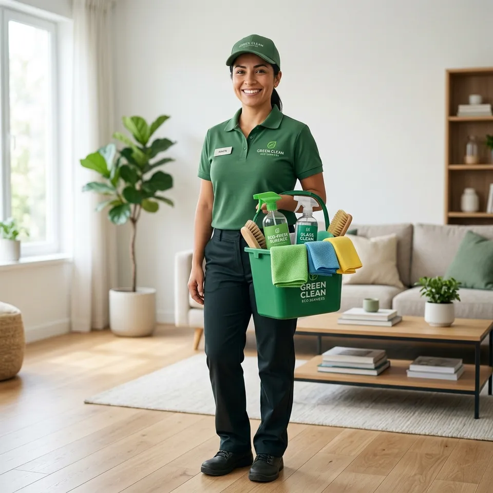 Friendly YeskGreen cleaning service professional holding eco-friendly products